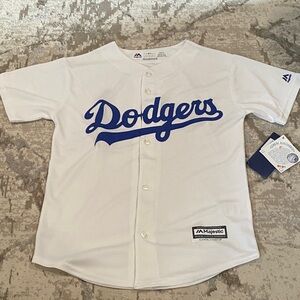 Majestic Dodgers White and Blue Baseball Jersey. Cool Base Tech